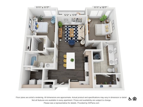 Floor plan for 2 beds, 2 baths, 1101 sqft